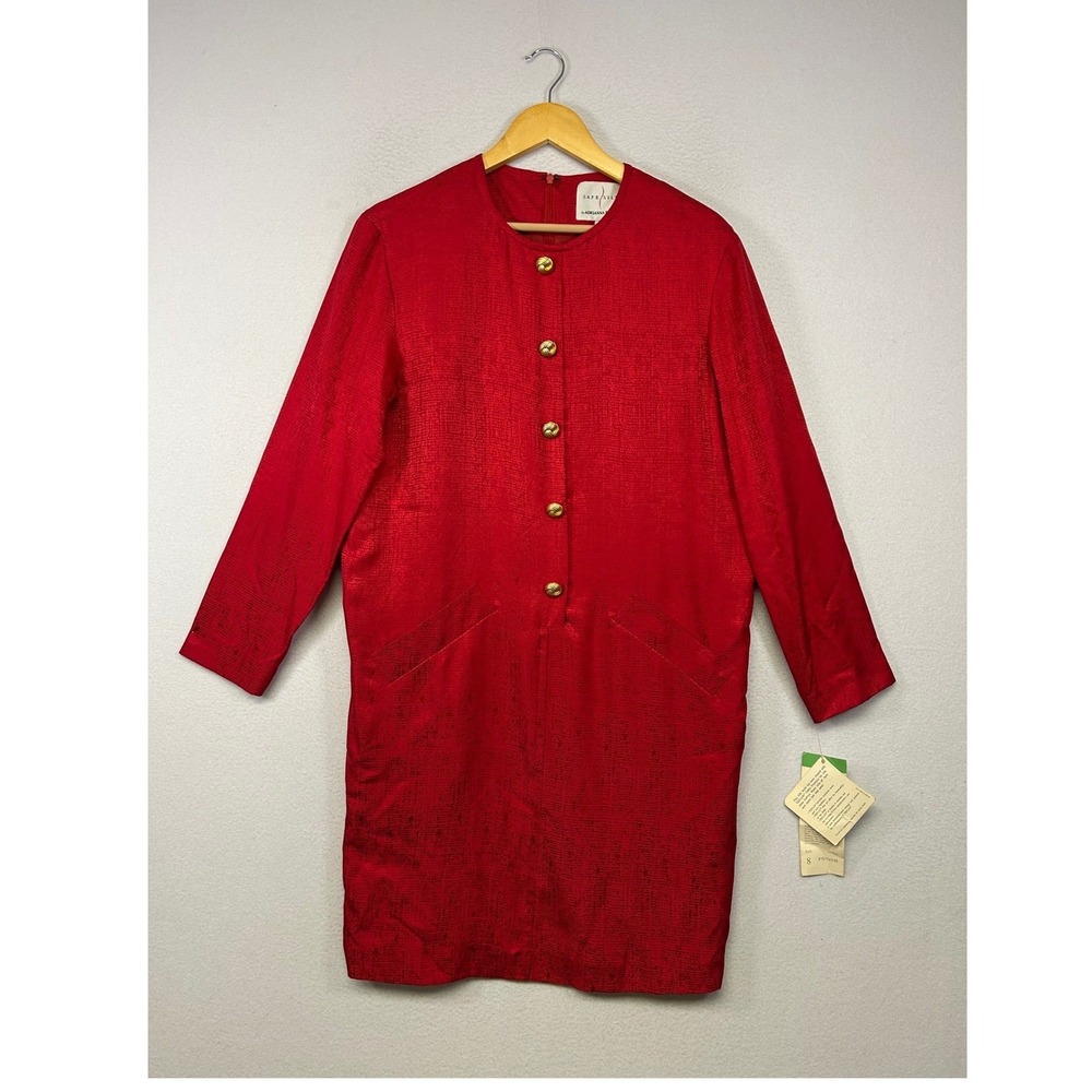 Vintage Adrianna Papell Womens 8 Red Silk Wool Blend Gold Button Shift Dress NWT